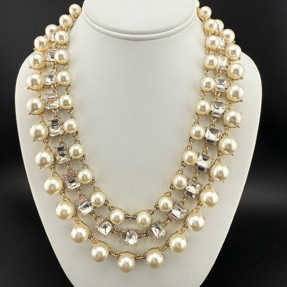 Triple Strand Pearl & Crystal Gold-Tone Necklace Charter Club Lobster Clasp Jewe - Picture 1 of 7